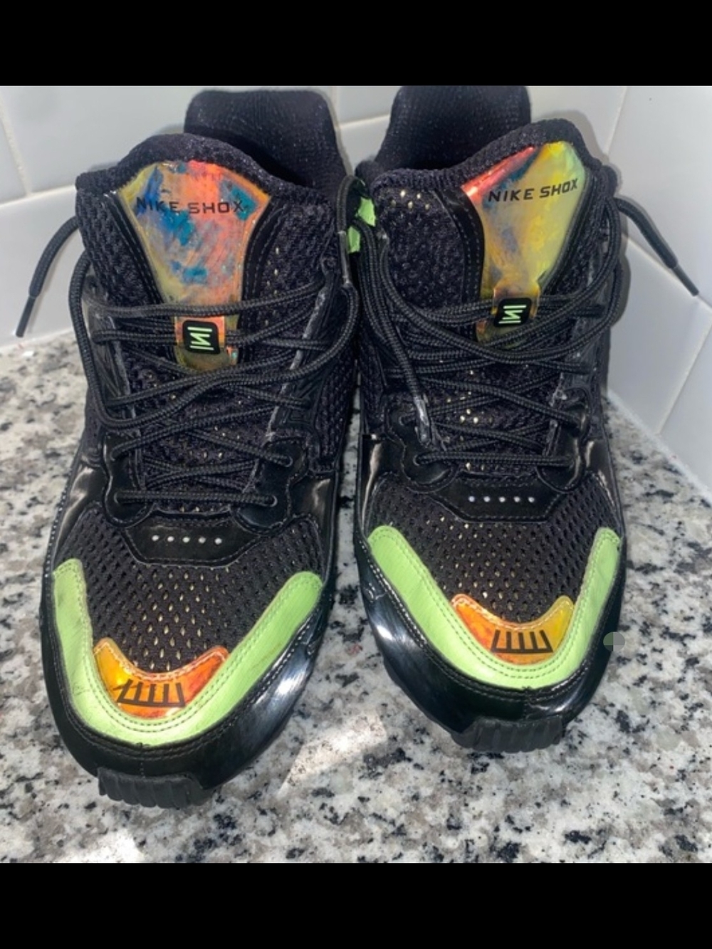 Nike SHOX Black Mesh Sneakers with Lime Green & Iridescent Accents
